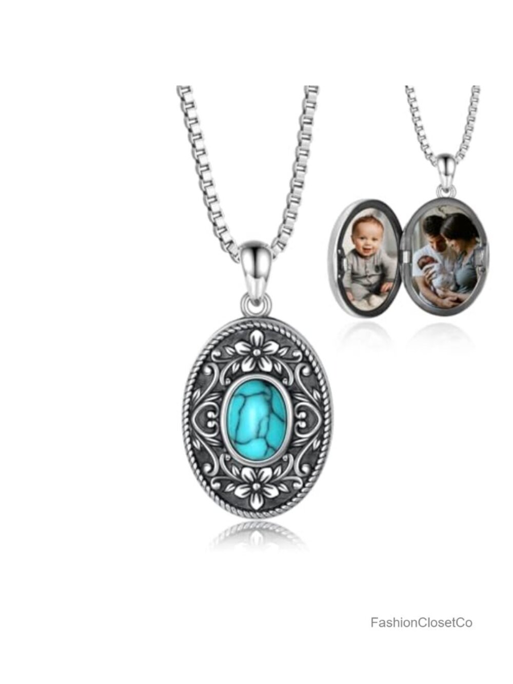 925 Sterling Silver Turquoise Locket Necklace with Photo Vintage Memorial